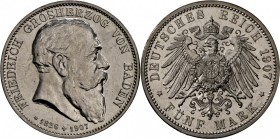 Baden: Friedrich I., 1856-1907: 5 Mark 1907 G, spiegelnde Felder, vz+/st.
