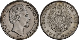 Bayern: Ludwig II., 1864-1886: 2 Mark 1876, Ausnahmeerhaltung: Stempelglanz nur feinste Mängel.