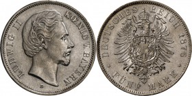 Bayern: Ludwig II., 1864-1886: 5 Mark 1876, leichte Stempeldrehung, schöne Erhaltung: st-.