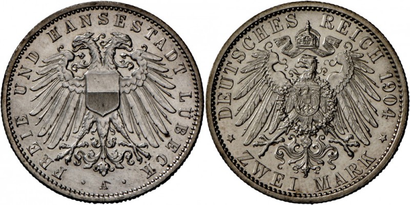 Lübeck: Freie und Hansestadt, 2 Mark 1904 A, Stempelglanz nur kleine Berühungen ...
