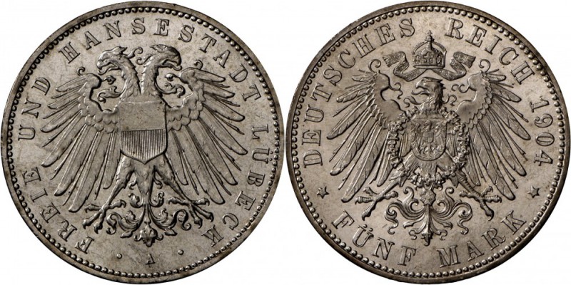 Lübeck: Freie und Hansestadt, 5 Mark 1904 A, Auflage nur 10.000 Ex., winziger Rf...