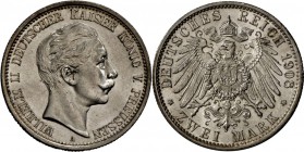 Preußen: Wilhelm II. (1888-1918): 2 Mark 1908 A, schöner Stempelglanz.