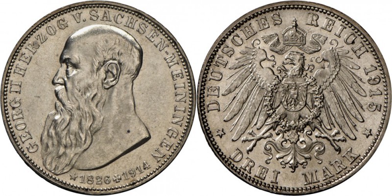 Sachsen-Meiningen: Georg II. 1866-1914: 3 Mark 1915 (D), schönes Stempelglanzstü...