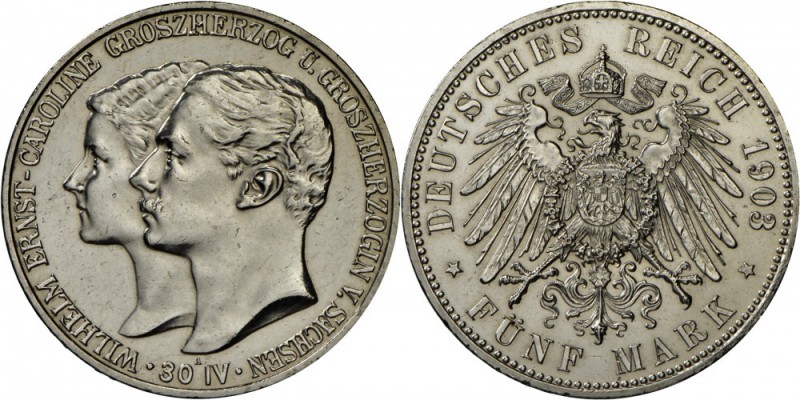 Sachsen-Weimar-Eisenach: Wilhelm Ernst (1901-1918): 5 Mark 1903 A, auf die Hochz...