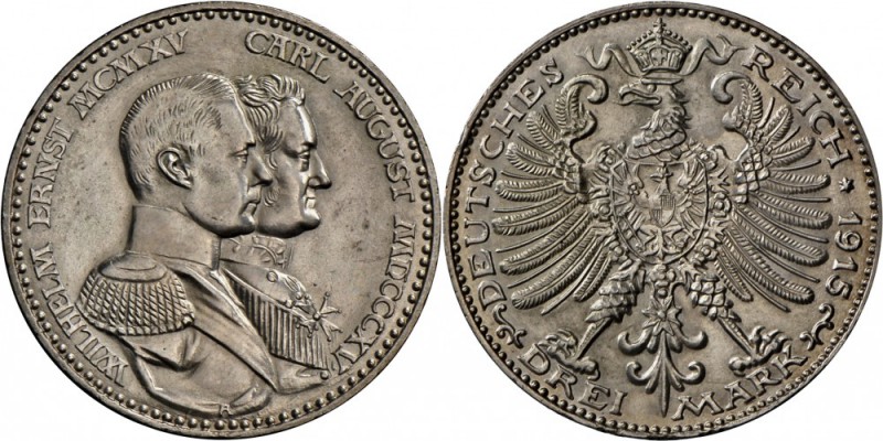 Sachsen-Weimar-Eisenach: 100 Jahre Großherzogtum, 3 Mark 1915 A, kl. Rf., vz-st....