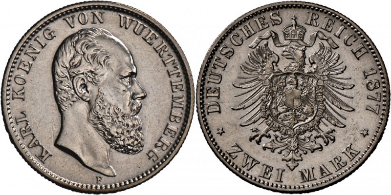 Württemberg: Karl, 1864-1891, 2 Mark 1877 F, rauher Stempel, gutes vorzüglich-fa...