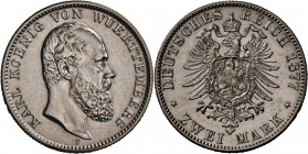 Württemberg: Karl, 1864-1891, 2 Mark 1877 F, rauher Stempel, gutes vorzüglich-fast Stempelglanz.