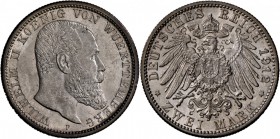 Württemberg: Wilhelm II., 1891-1918: 2 Mark 1912 F, fast Stempelglanz.
