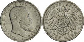Württemberg: Wilhelm II. (1891-1918): 5 Mark 1892, J. 176, selten, schön-sehr schön.