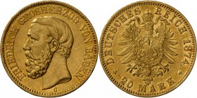 Baden: Friedrich I. (1852-1907), 20 Mark 1874 G, Jaeger 187, selten in dieser Erhaltung, winziger Kratzer im Revers, schönes ss.