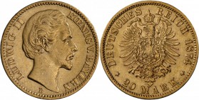 Bayern: Ludwig II., 1864-1886: 20 Mark 1874 D, sehr schön.