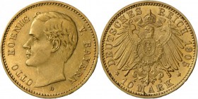 Bayern: Otto (1886-1913): 10 Mark, 1905 D, vz-st, dazu Ludwig II. 5 Mark, 1877 D gehenkelt in s, und moderne Goldmedaille als Nachahmung eines preußis...