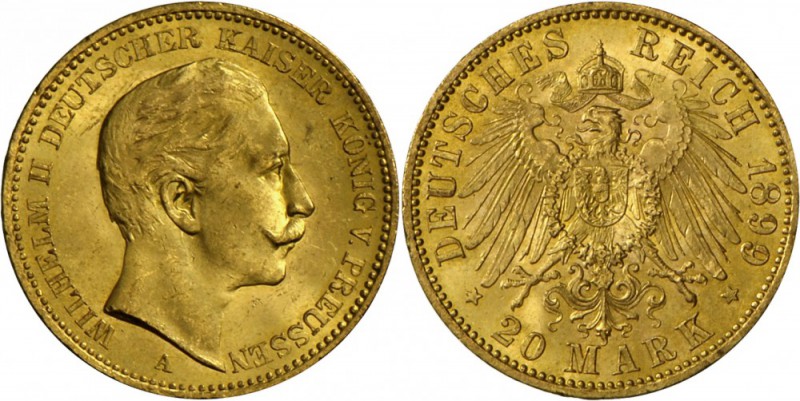 Preußen: Wilhelm II. (1888-1918): 20 Mark 1899 A, Jaeger 252, Kratzer auf Av, fa...