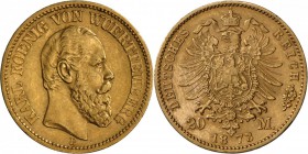 Württemberg: Karl, 1864-1891: 20 Mark 1873 F, ss+.