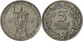 Weimarer Republik: 5 RM 1925 A, Rheinlande, J 322, min. Rf. und Kratzer, vorzüglich.