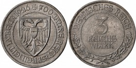 Weimarer Republik: 3 Reichsmark 1926 A, Lübeck, vorzüglich.