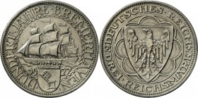 Weimarer Republik: 3 RM 1927 A, Bremerhaven, J 325, sehr schön/vorzüglich