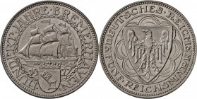 Weimarer Republik: 5 Reichsmark 1927 A, Bremerhaven, vorzüglich-Stempelglanz.