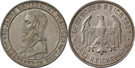 Weimarer Republik: 3 Reichsmark 1927 F, Universität Tübingen, kaum Transportspuren, Patina, Stempelglanz.