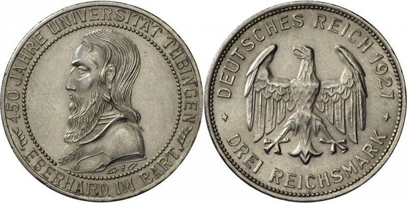 Weimarer Republik: 3 RM 1927 F, 450 Jahre Universität Tübingen, J 328, vorzüglic...