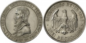 Weimarer Republik: 3 RM 1927 F, 450 Jahre Universität Tübingen, J 328, vorzüglich/Stempelglanz.