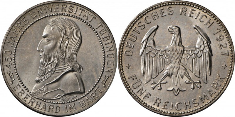 Weimarer Republik: 5 Reichsmark 1927 F, Universität Tübingen, feinster Stempelgl...