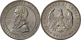Weimarer Republik: 5 Reichsmark 1927 F, Universität Tübingen, feinster Stempelglanz.