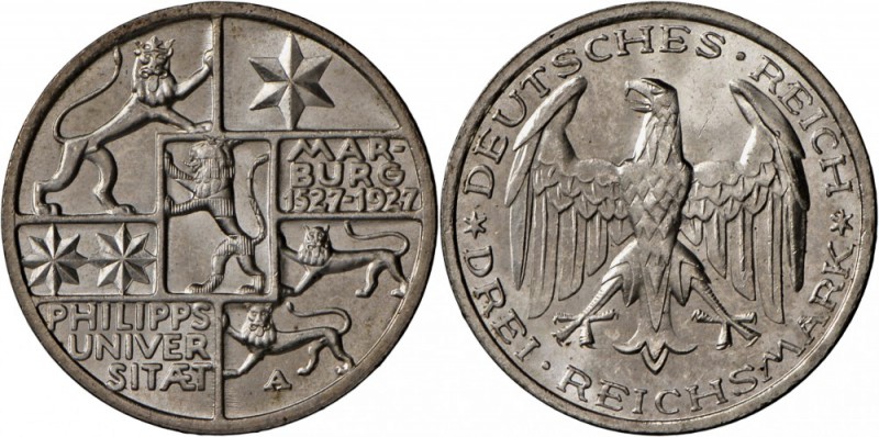Weimarer Republik: 3 Reichsmark 1927 A, Universität Marburg, kaum Transportspure...