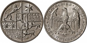 Weimarer Republik: 3 Reichsmark 1927 A, Universität Marburg, kaum Transportspuren, schönes Stempelglanz-.