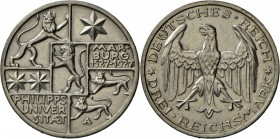 Weimarer Republik: 3 RM 1927A, 400 Jahre Universität Marburg, J 330, vorzüglich.