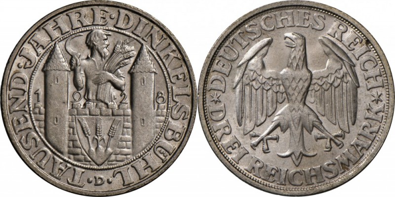 Weimarer Republik: 3 Reichsmark 1928 D, Dinkelsbühl, Prachtexemplar, schönes Ste...