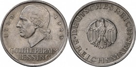Weimarer Republik: Set 2 Münzen Lessing 1929: 5 Reichsmark A in vz, 3 Reichsmark J in vz+,