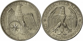 Weimarer Republik: 3 RM 1929 A, Waldeck, J 337, fast Stempelglanz.