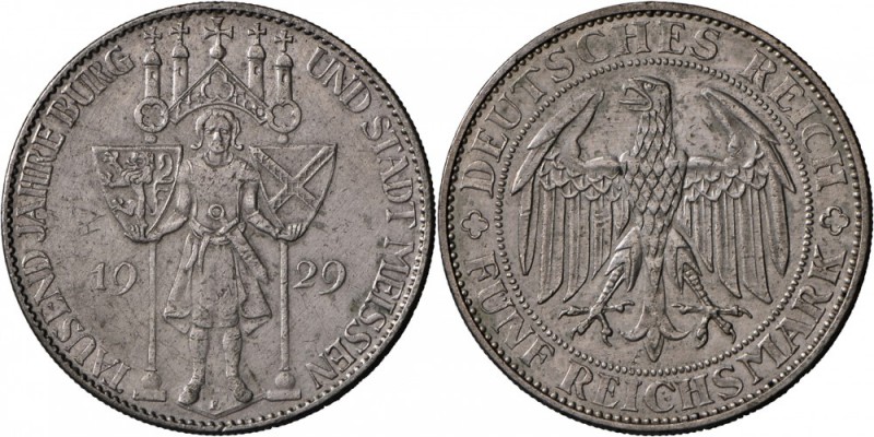 Weimarer Republik: 5 Reichsmark 1929 E, Meißen, Jaeger 339, ss.
