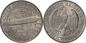Weimarer Republik: 3 Reichsmark 1930 G, Zeppelin, Jaeger 342, stempelglanz-.