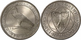 Weimarer Republik: 3 Reichsmark 1930 D, Rheinland-Räumung, feiner Stempelglanz.