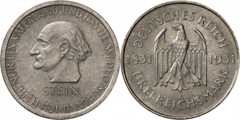 Weimarer Republik: 3 Reichsmark 1931 A, Freiherr vom Stein, Jaeger 348, Transpor...
