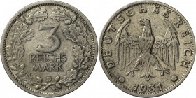 Weimarer Republik: Kursmünze: 3 RM 1931 D, J 349, etwas angelaufen, sonst vorzüglich.