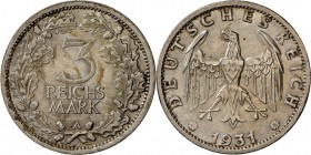 Weimarer Republik: 3 Reichsmark 1931 A (Kursmünze), leicht bräunliche Patina, kleine Randkerbe, ansonsten fast stempelglanz