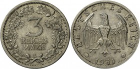 Weimarer Republik: Kursmünze: 3 RM 1931 E, J 349, kleine Kratzer, gutes sehr schön.