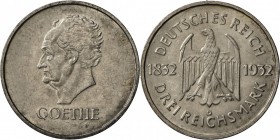 Weimarer Republik: 3 Reichsmark 1932 D, Goethe, winziger Randfehler, vz-st.