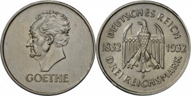 Weimarer Republik: 3 RM 1932 F, Goethe, J 350, vorzüglich-Stempelglanz.