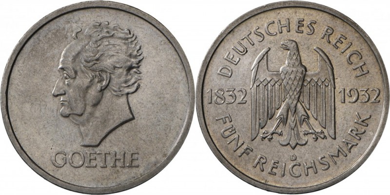 Weimarer Republik: 5 Reichsmark 1932 D (nur 2.812 Ex.), Goethe, schönes vorzügli...