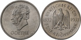 Weimarer Republik: 5 Reichsmark 1932 D (nur 2.812 Ex.), Goethe, schönes vorzüglich.
