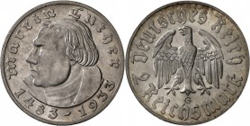 Drittes Reich: 2 Reichsmark Luther 1933 G (nur 61.100 Ex.), schöner Stempelglanz-.