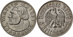 Drittes Reich: 5 Reichsmark 1933 D Luther, fast Stempelglanz.