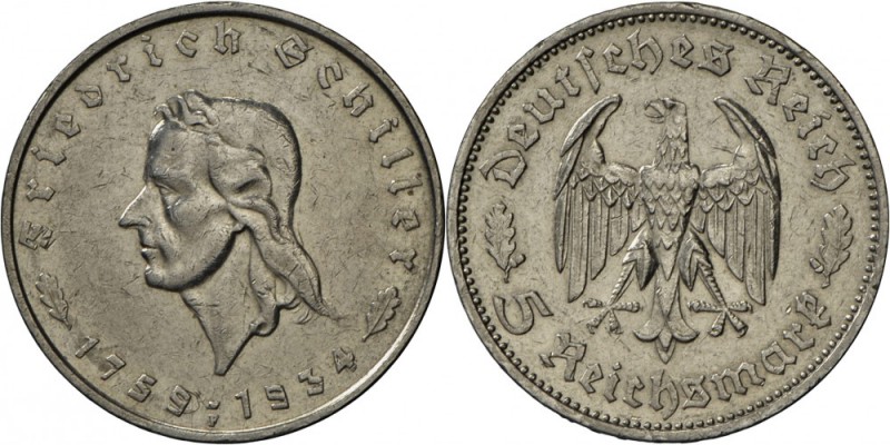 Drittes Reich: Set Schiller 2 Münzen: 2 und 5 RM 1934 F, J 358/9, beide sehr sch...