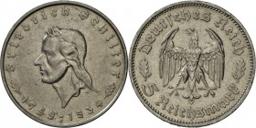 Drittes Reich: Set Schiller 2 Münzen: 2 und 5 RM 1934 F, J 358/9, beide sehr schön.