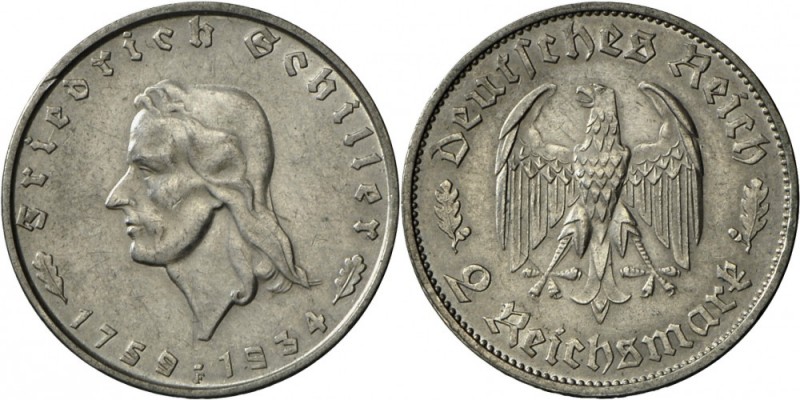 Drittes Reich: Set Schiller 2 Münzen: 2 und 5 RM 1934 F, J 358/9, vorzüglich und...