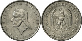 Drittes Reich: Set Schiller 2 Münzen: 2 und 5 RM 1934 F, J 358/9, vorzüglich und sehr schön-vorzüglich.